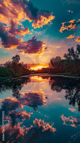 Stunning sunset reflections over peaceful lake