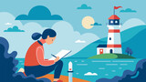 A writer sits at the lookout the sound of the waves and the lighthouses rhythmic blinking guiding them as they pour their heart out onto the pages of. Vector illustration