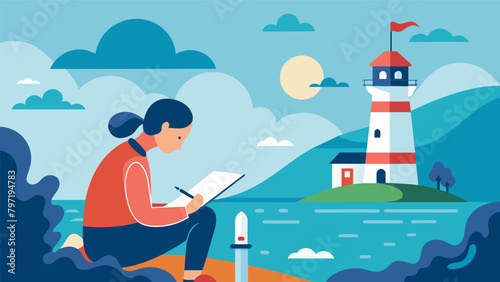 A writer sits at the lookout the sound of the waves and the lighthouses rhythmic blinking guiding them as they pour their heart out onto the pages of. Vector illustration