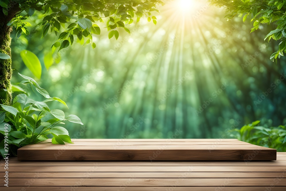 A wooden table with a view of a lush green forest A wooden table with a view of a lush green forest