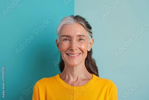 Split skin depiction in aging transitions showcases ageless beauty and life spectrum, integrating identity and revitalization with skincare tips in visual age comparison. photo