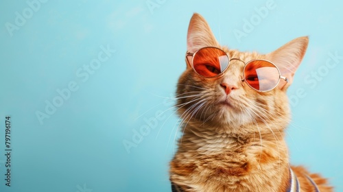 Closeup of funny ginger cat in sunglasses on light cyan. Ai Generated.