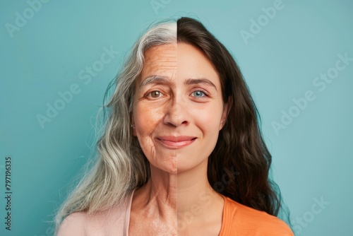 Secrets of aging salicylic acid cream integrated in portrait depiction  showcasing aging skincare divide and comparison young to old in vertical line effectiveness.