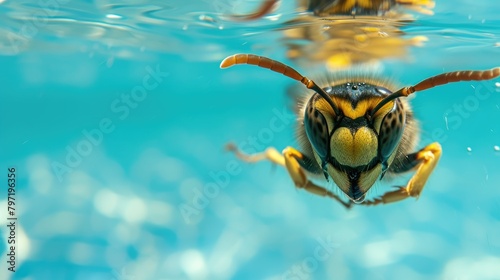 Hilarious underwater scene hornet in pool plays deep dive action, Ai Generated.