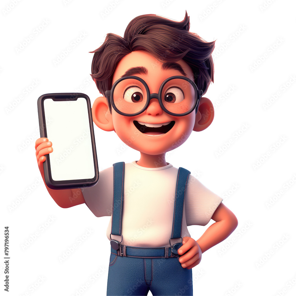 A smiling Asian adult cartoon character is standing proudly displaying a blank mobile phone screen in his hand