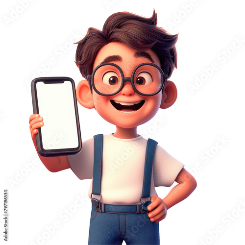 A smiling Asian adult cartoon character is standing proudly displaying a blank mobile phone screen in his hand photo