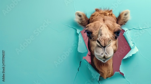 A humorous camel peers through a ripped hole in a contrast pastel color paper background, Ai Generated photo