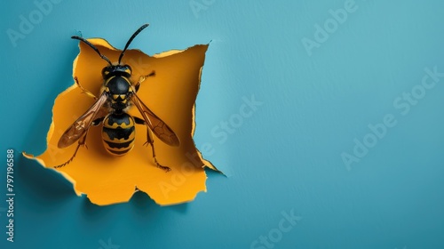 Amusing wasp peers through ripped hole against vibrant paper backdrop. Ai Generated. photo