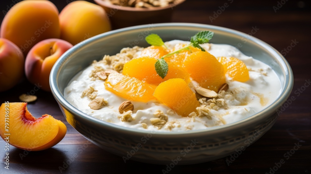 A delightful and wholesome oatmeal setup with bright yellow apricots and a light honey glaze, accompanied by a side of creamy yogurt A delightful and wholesome oatmeal setup with bright yellow apricots and a light honey glaze, accompanied by a side of creamy yogurt