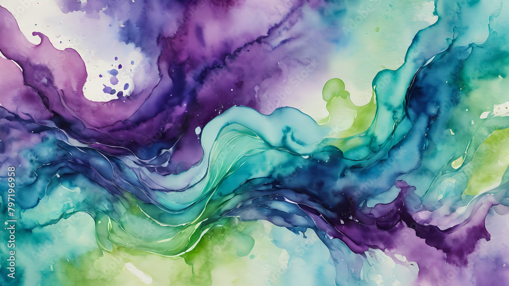 Watercolor Illustration Liquid Purple Blue and Soft Green Abstract Painting Background