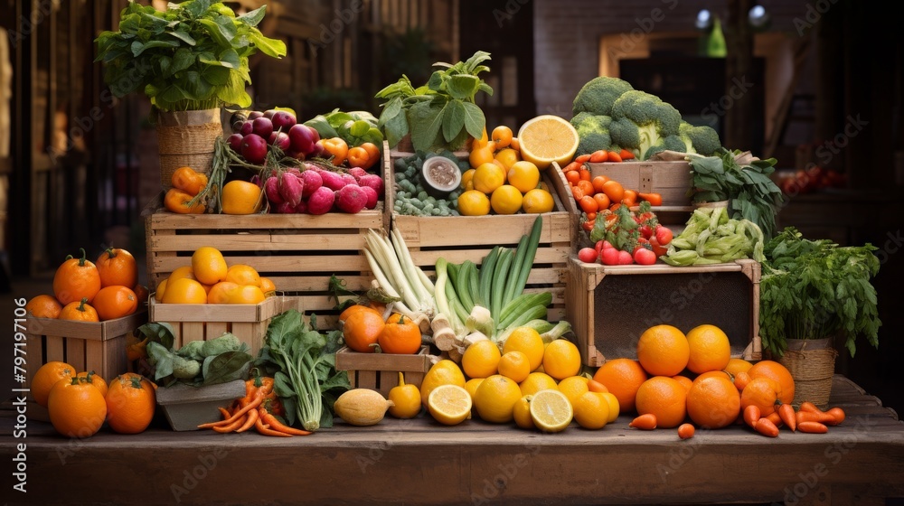 A dynamic market scene featuring crates of unprocessed, fresh vegetables alongside vibrant oranges, showcasing a feast of colors and natural textures
