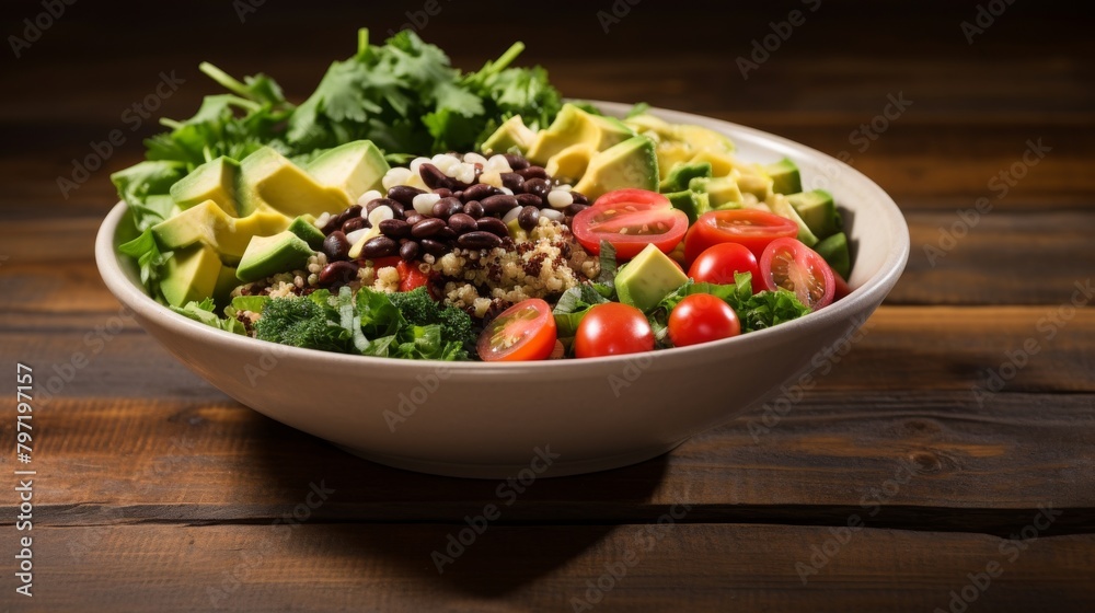 A fresh, appealing salad bowl with proteinrich quinoa and an abundance of vegetableheavy toppings in deep greens, dressed lightly for flavor