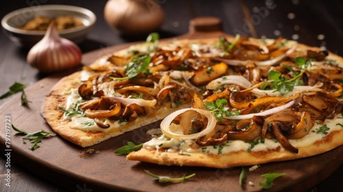 A rustic glutenfree flatbread made from chickpea flour, topped with dairyfree cashew cheese and caramelized onions, presented in appealing soft beiges