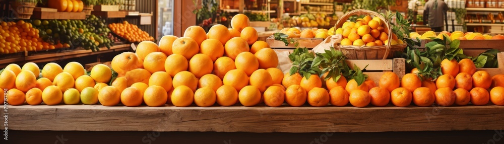 A store s organic section showcasing an eyecatching display of vibrant orange produce such as pumpkins and oranges, arranged for maximum visual appeal