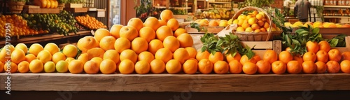 A store s organic section showcasing an eyecatching display of vibrant orange produce such as pumpkins and oranges, arranged for maximum visual appeal photo