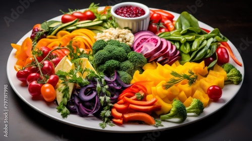 A vegetarian feast on a plate, showcasing an array of vibrant multicolored vegetables artistically arranged to delight both the palate and the eyes