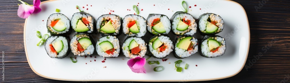 A vibrant display of vegan sushi featuring avocado, cucumber, and green apple, rolled in bright green nori, perfect for a visually appealing light meal A vibrant display of vegan sushi featuring avocado, cucumber, and green apple, rolled in bright green nori, perfect for a visually appealing light meal