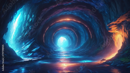 2d illustratin of luminescence glowing Blue Cave Tunnel