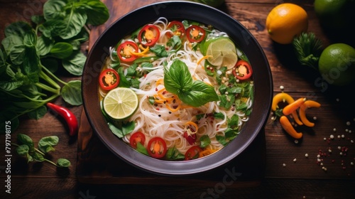 A visually striking and healthy Vietnamese pho with Italian influences, featuring multicolored vegetable noodles and a basilinfused clear broth