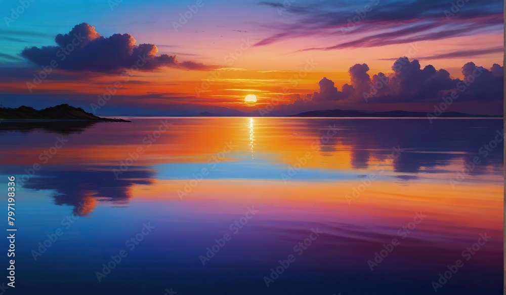 A beautiful scene of a sunset over a calm ocean, with vibrant colors painting the sky and reflecting in the water.