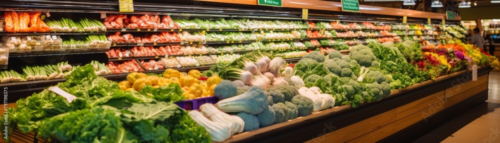 A welcoming grocery store aisle focusing on organic produce, with lush green leafy vegetables and fruit creating an appealing, fresh atmosphere