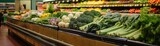 A welcoming grocery store aisle focusing on organic produce, with lush green leafy vegetables and fruit creating an appealing, fresh atmosphere