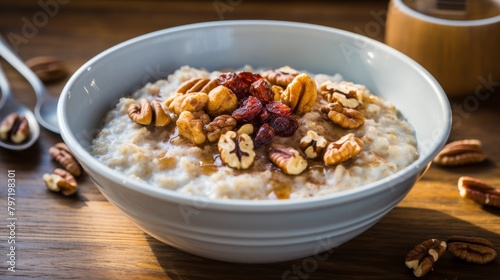 A warm bowl of glutenfree oatmeal prepared with almond milk, topped with toasted walnuts and brown sugar, making for a nutritious, warm brown breakfast