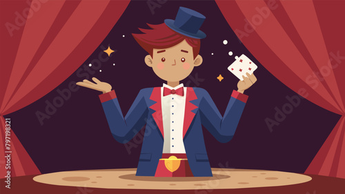 A young magician confidently strides around the stage expertly manipulating a deck of cards with their small hands making them disappear and