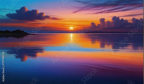 A beautiful scene of a sunset over a calm ocean, with vibrant colors painting the sky and reflecting in the water. #797198336