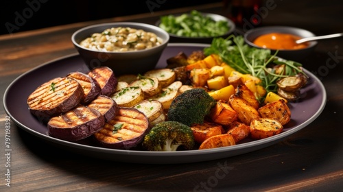A wellrounded meal showcasing proteinrich legumes and a medley of vegetables, emphasized with rich browns from baked root vegetables