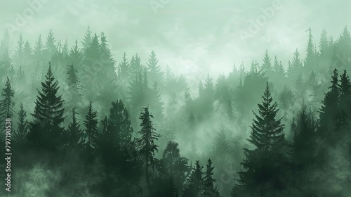 Mystic fog blankets a dark green pine tree forest, creating an eerie and enchanting atmosphere. Ai Generated. © Crazy Juke