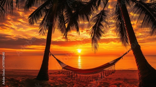 Palm trees sway gently beside a hammock, basking in the warm glow of a tranquil sunset. Ai Generated. © Crazy Juke