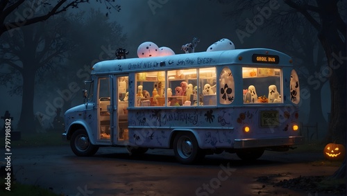 A spooky-themed cartoon ice cream bus with friendly ghost and monster characters as customers  parked in a misty graveyard ai_generated