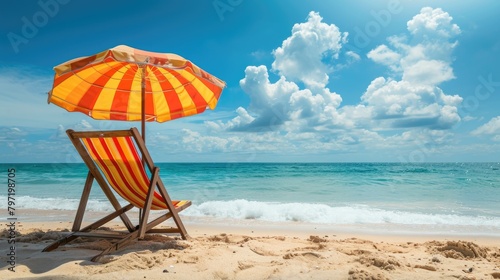 Relax in a deck chair under a beach parasol, surrounded by sandy serenity. Coastal bliss, Ai Generated.