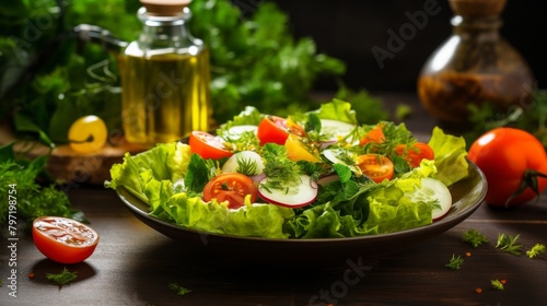 An inviting table setting featuring a large bowl of fresh vegetable salad with homemade dressing, surrounded by bright green lettuce leaves
