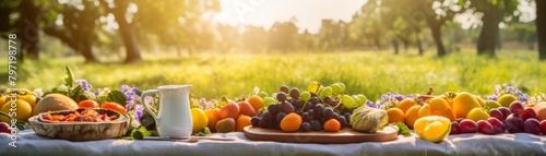 An outdoor picnic setting with a colorful spread of unprocessed vegetables and fresh, vibrant oranges, capturing a perfect sunny day ambiance photo