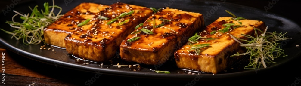 Aromatic tofu steak, seasoned with a blend of herbs and spices, cooked to perfection to preserve its texture and imbued with delicious, warm browns