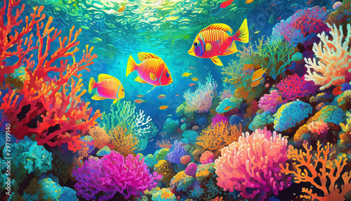 Underwater coral reef, colorful marine life, realistic, vibrant fish and corals, detailed  © Bounpaseuth