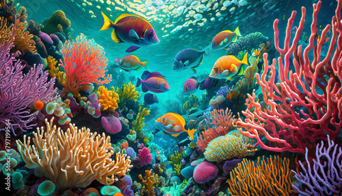 Underwater coral reef, colorful marine life, realistic, vibrant fish and corals, detailed 