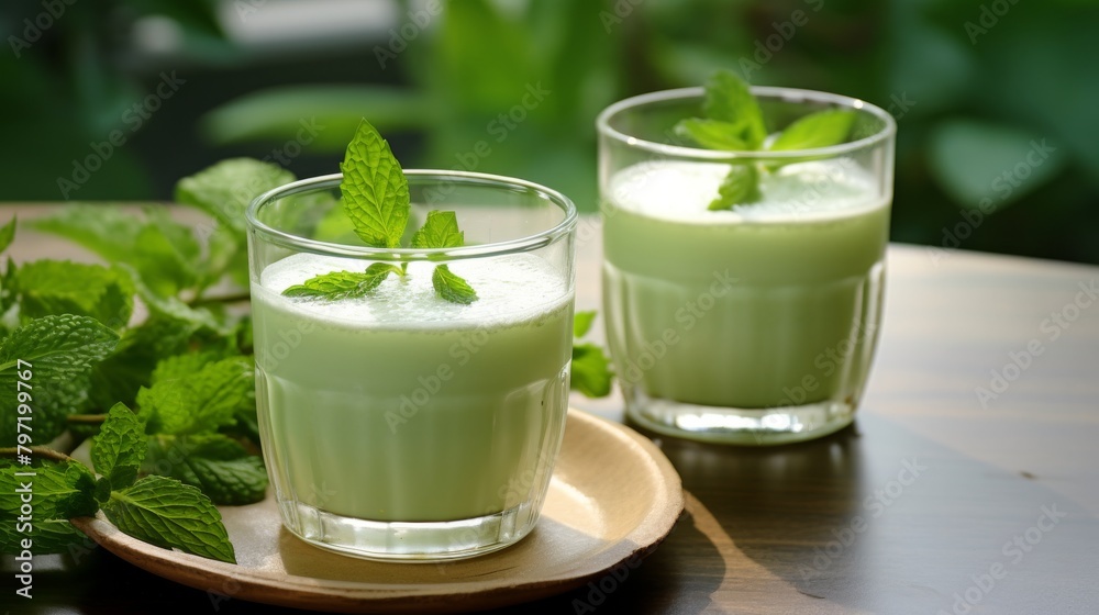 Calming afternoon refreshment with a softly brewed green tea and a kefir probiotic drink infused with mint, served in matching green glassware Calming afternoon refreshment with a softly brewed green tea and a kefir probiotic drink infused with mint, served in matching green glassware