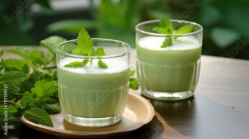 Calming afternoon refreshment with a softly brewed green tea and a kefir probiotic drink infused with mint, served in matching green glassware
