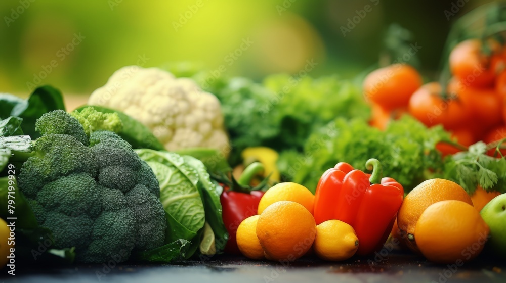 Closeup of assorted fresh vegetables and fruits with a focus on texture and natural, lush green backgrounds to emphasize freshness Closeup of assorted fresh vegetables and fruits with a focus on texture and natural, lush green backgrounds to emphasize freshness