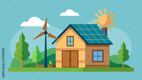 A rustic farmhouse embracing ecofriendly living utilizing a combination of solar panels and a windmill for energy.