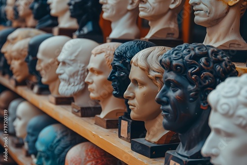 A collection of statues of various faces, including some of ancient Greek and Roman figures. The collection is displayed on shelves, with some of the statues being taller than others photo