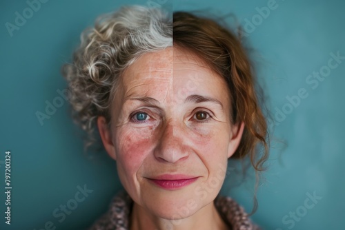 Anti aging research and aging care depicted in dermatological treatment transitions, enhancing cream rejuvenation with visual portrayal in split photo and aging effectiveness.