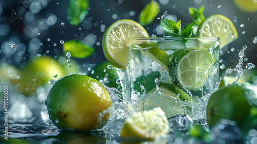 lime and mint falling into a cocktail splashing  photo