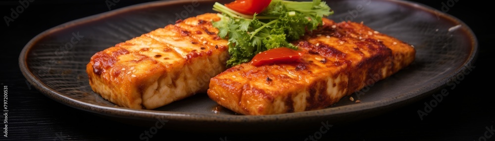 Delicious tofu steak, masterfully panseared with a smoky paprika rub, preserving its softness and enhancing its warm brown tones Delicious tofu steak, masterfully panseared with a smoky paprika rub, preserving its softness and enhancing its warm brown tones