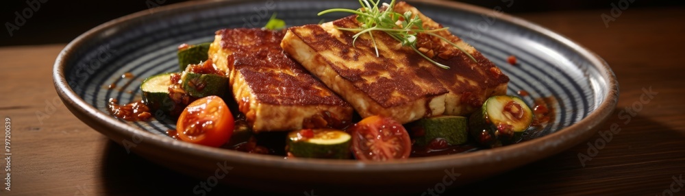 Delicious tofu steak, masterfully panseared with a smoky paprika rub, preserving its softness and enhancing its warm brown tones Delicious tofu steak, masterfully panseared with a smoky paprika rub, preserving its softness and enhancing its warm brown tones
