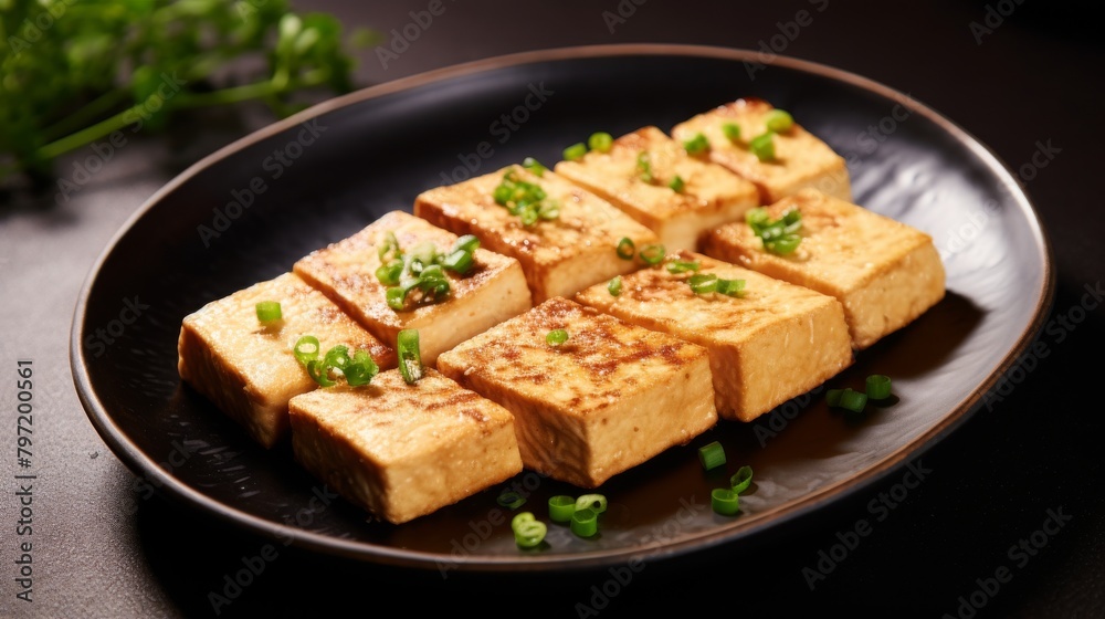 Deliciously succulent tofu steak, panseared to perfection and seasoned with herbs for enhanced flavor, showcased in natural, soft beige colors Deliciously succulent tofu steak, panseared to perfection and seasoned with herbs for enhanced flavor, showcased in natural, soft beige colors