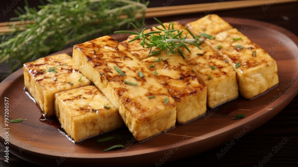 Deliciously succulent tofu steak, panseared to perfection and seasoned with herbs for enhanced flavor, showcased in natural, soft beige colors